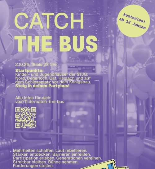 Plakat mit gelbem Partybus zur Veranstaltung Catch the Bus